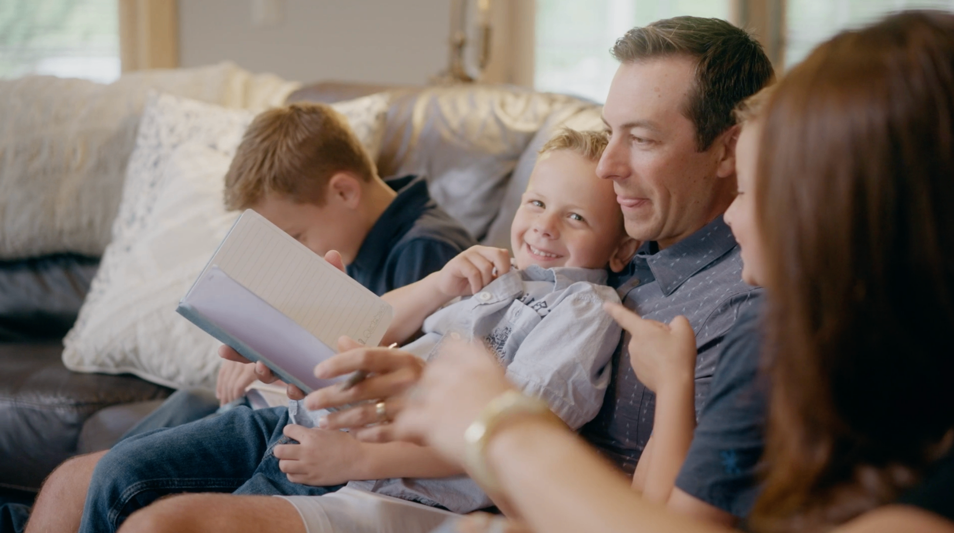 Family reading Quotebook together on the couch